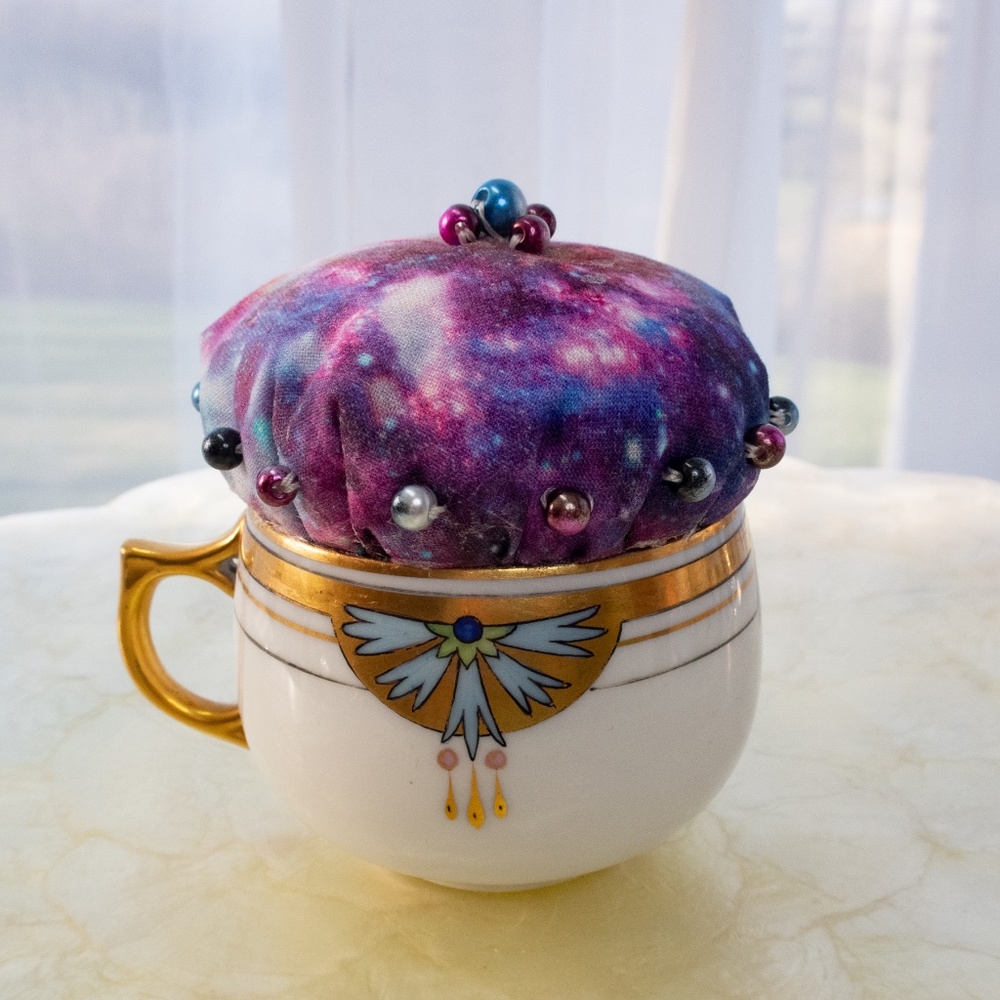 Galaxy Teacup Pincushion Hand Sewn With Craft Pearls Upcycled  Austrian Cup NWOT
